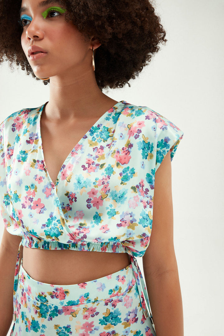 Floral Waistband Crop Satin Blouse Mint