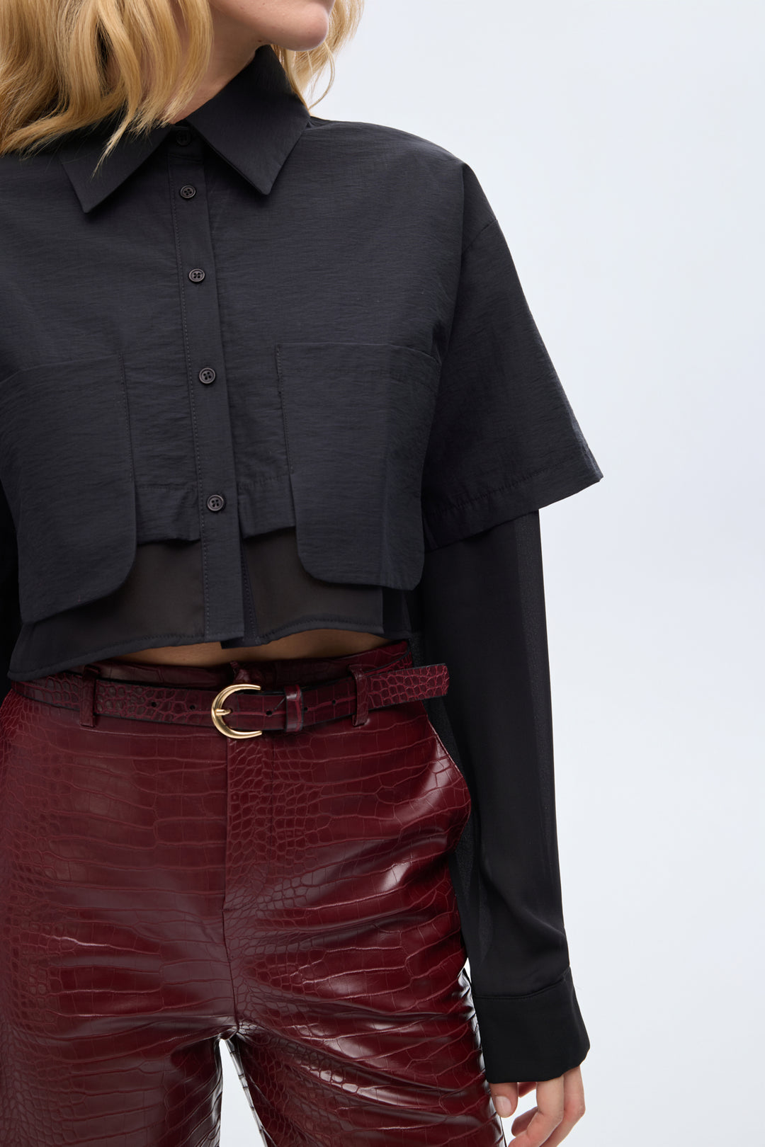 Çift Kat Görünümlü Crop Gömlek Siyah