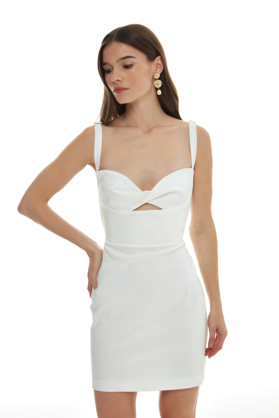 Düğüm Detaylı Askılı Mini Elbise Ekru