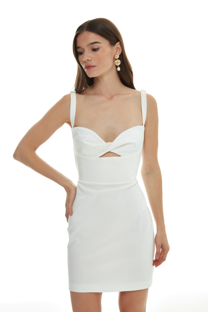 Düğüm Detaylı Askılı Mini Elbise Ekru