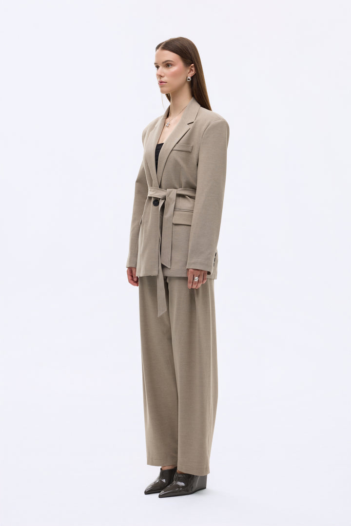 Kuşaklı Tek Düğmeli Oversize Blazer Ceket Vizon