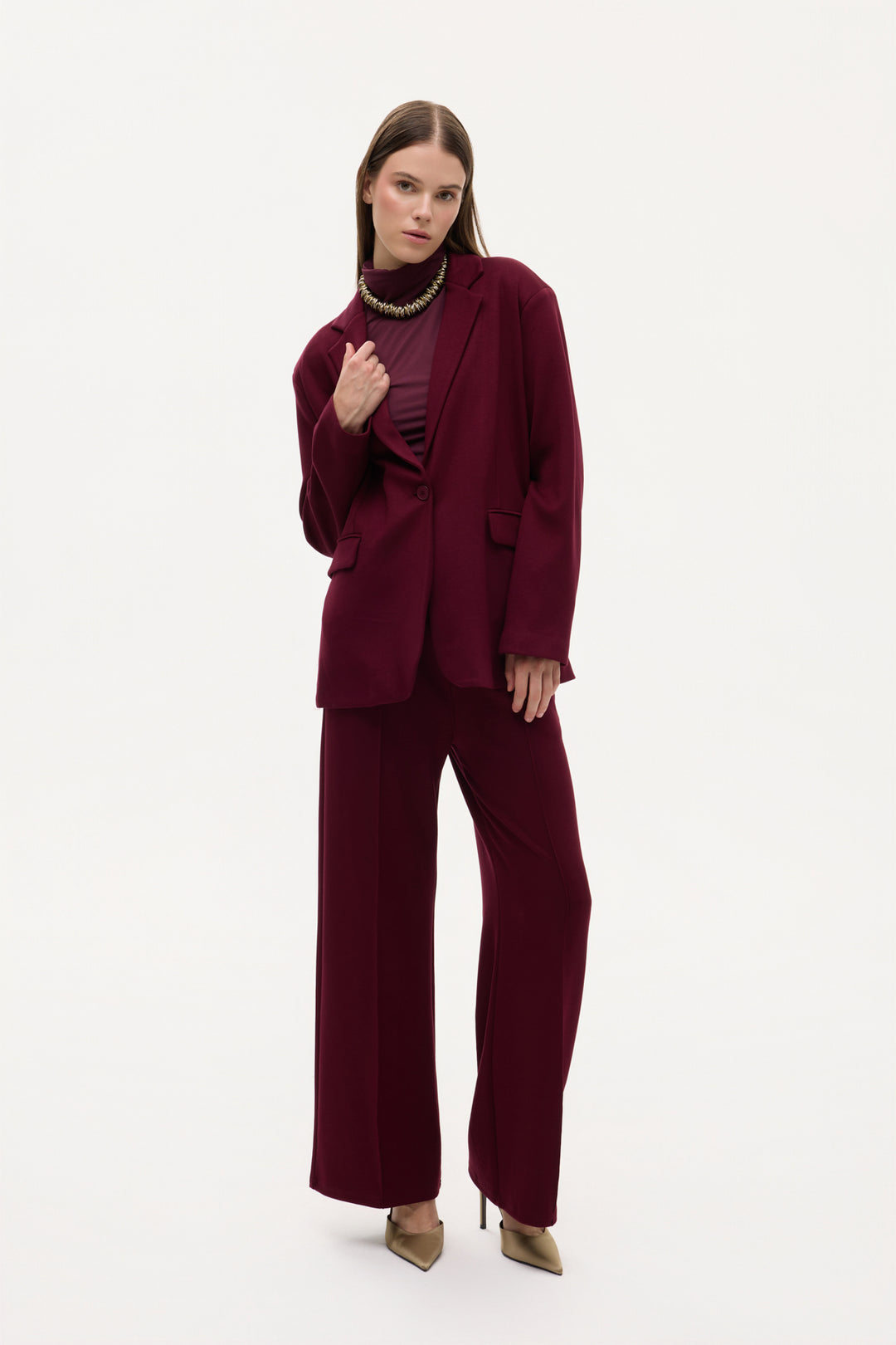 Tek Düğmeli Yumuşak Dokulu Oversize Blazer Ceket Vişne