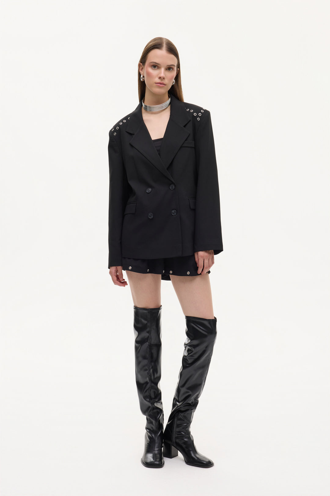 Kuş Gözü Detaylı Çift Düğmeli Oversize Blazer Ceket Siyah