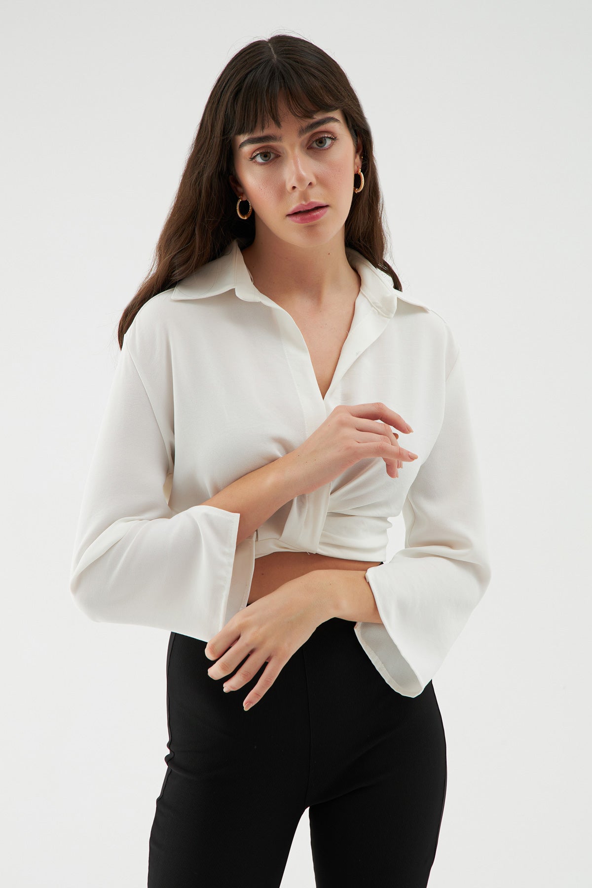 Elastic Waist Crop Shirt White