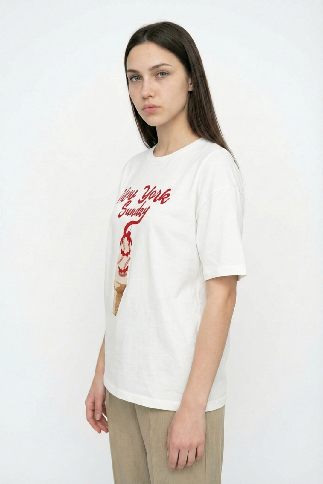 Dondurma Baskılı Oversize Tişört Ekru