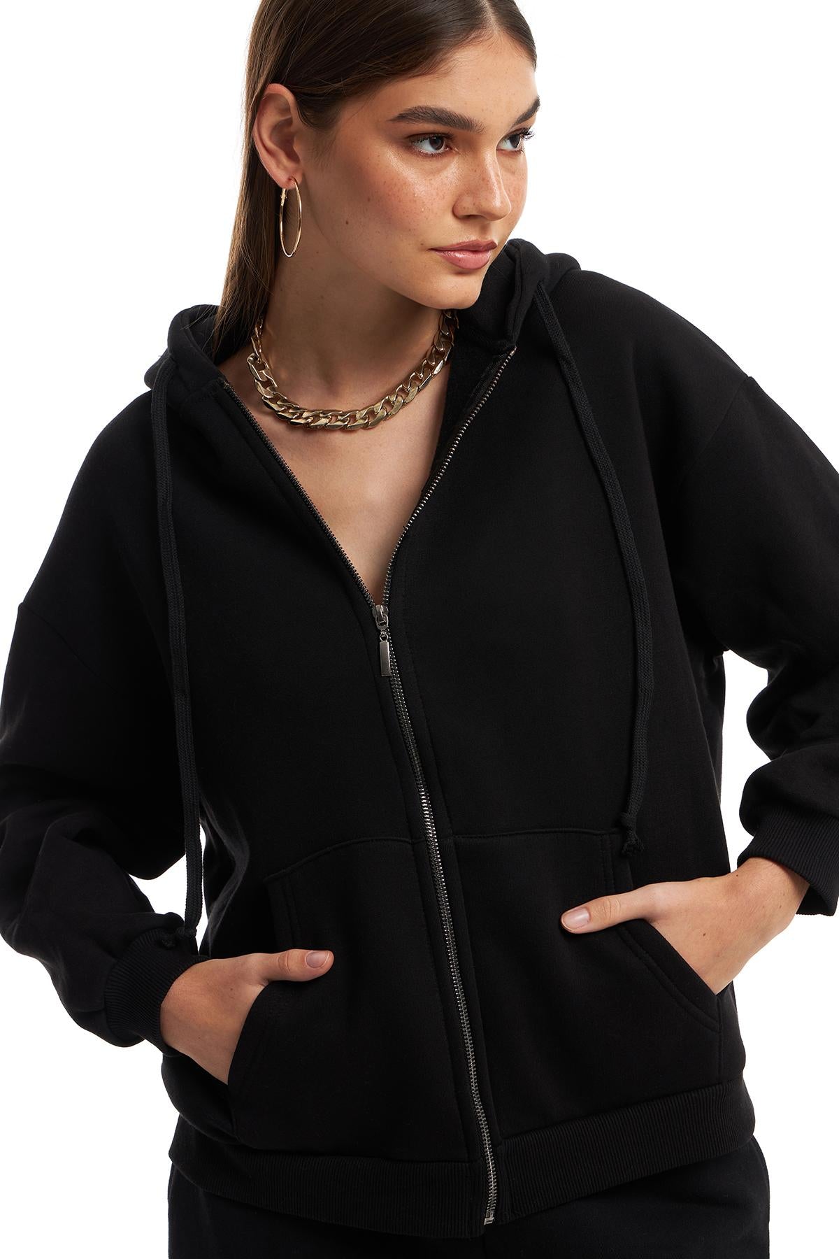 Zipper Hoodie Sweatshirt Black