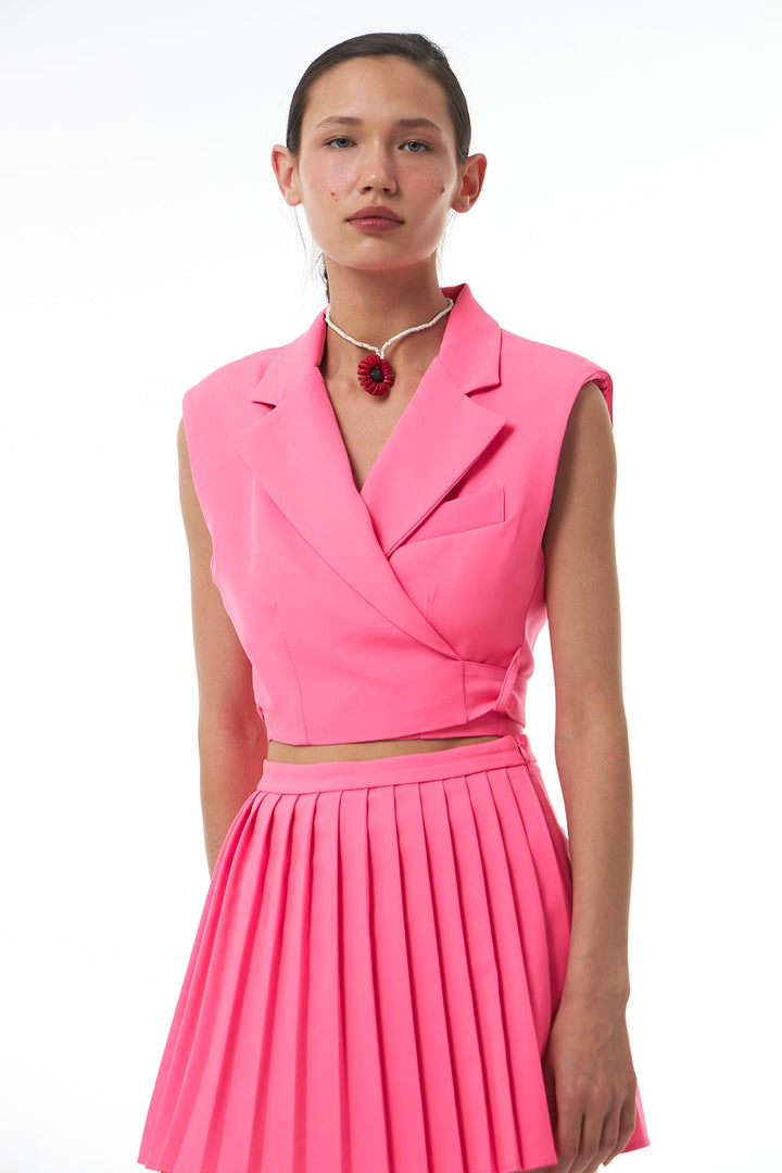 Tie Detailed Crop Vest Neon Pink
