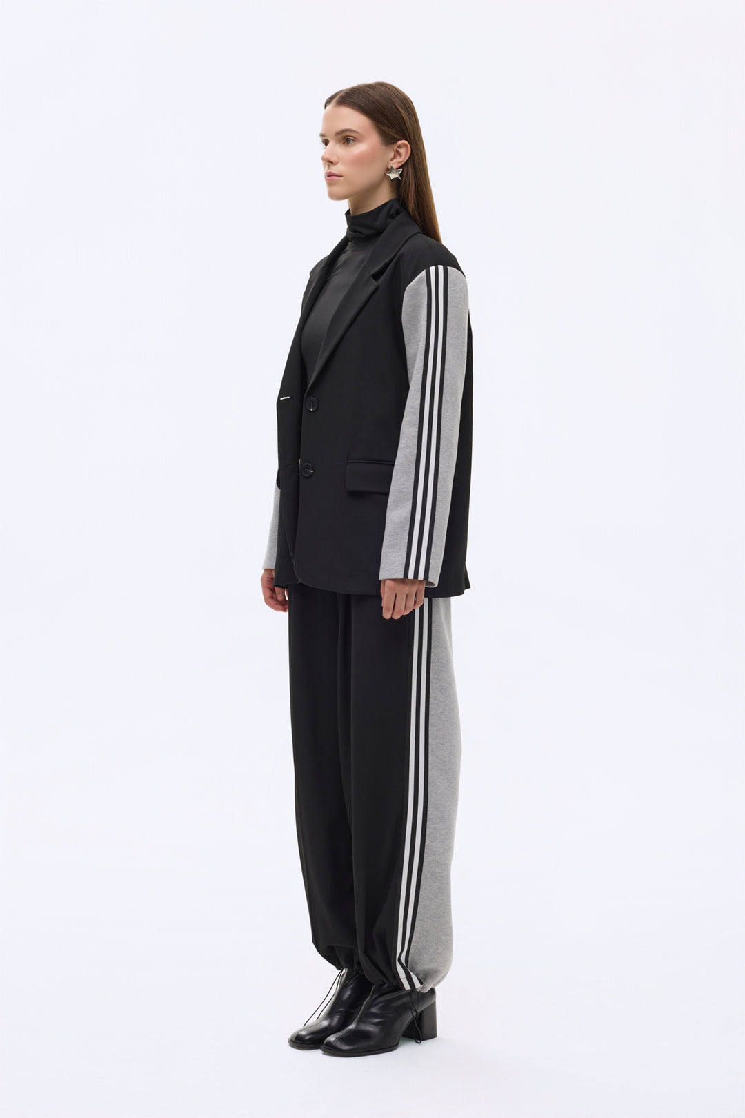 Şerit Detaylı Garnili Oversize Blazer Ceket Siyah