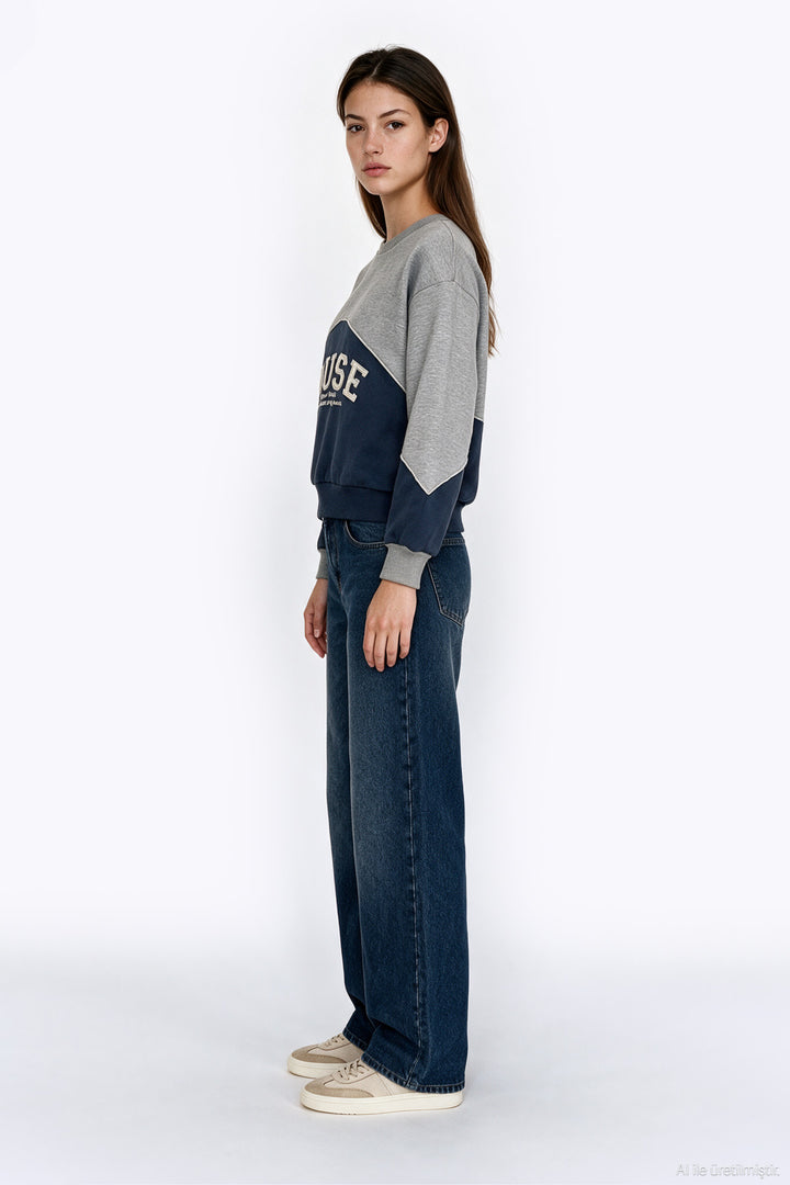 Yazı Nakışlı Renk Bloklu Sweatshirt Grimelanj