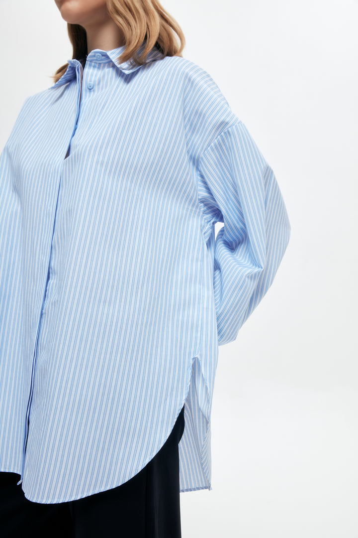Stripe Detailed Oversize Shirt Blue