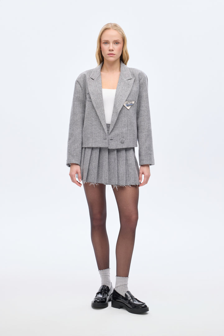 Triko Garnili Balıksırtı Blazer Ceket Gri