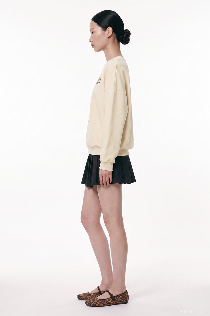 Yazı ve Leopar Baskılı Oversize Sweatshirt Bej
