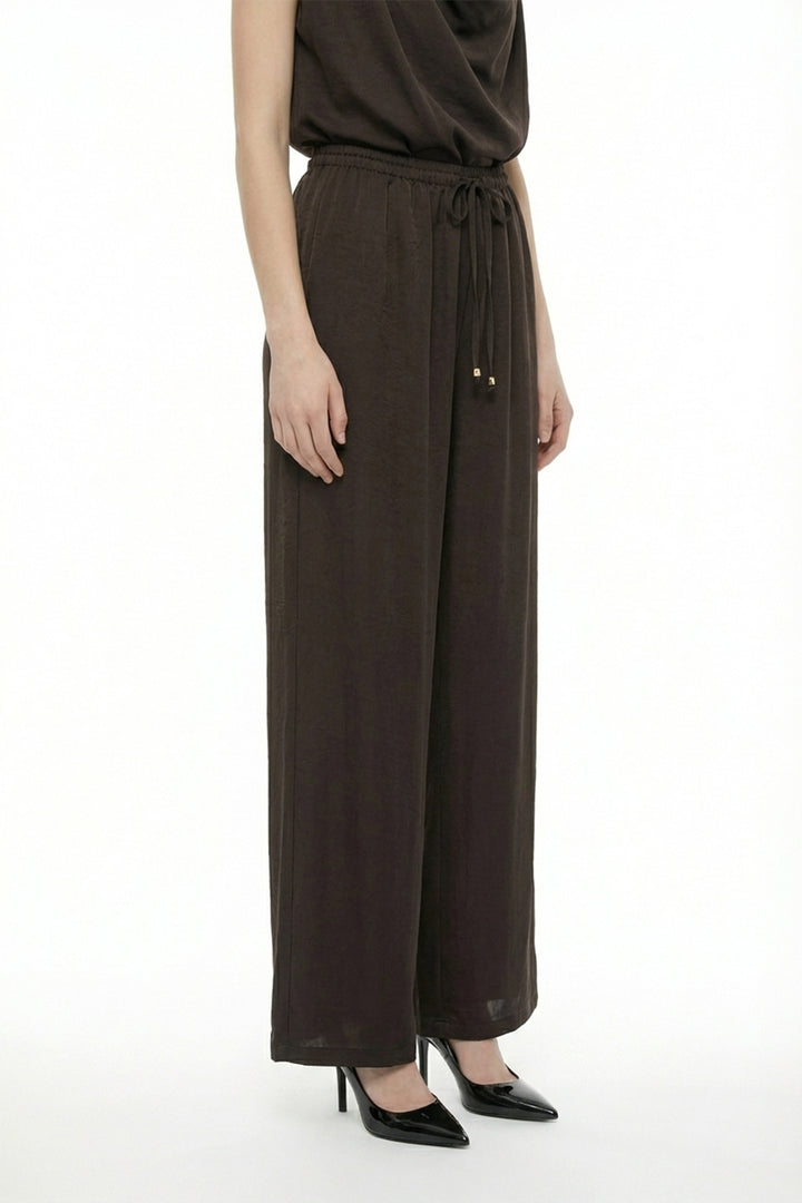 Beli Bağcıklı Bol Paça Saten Pantolon Kahverengi