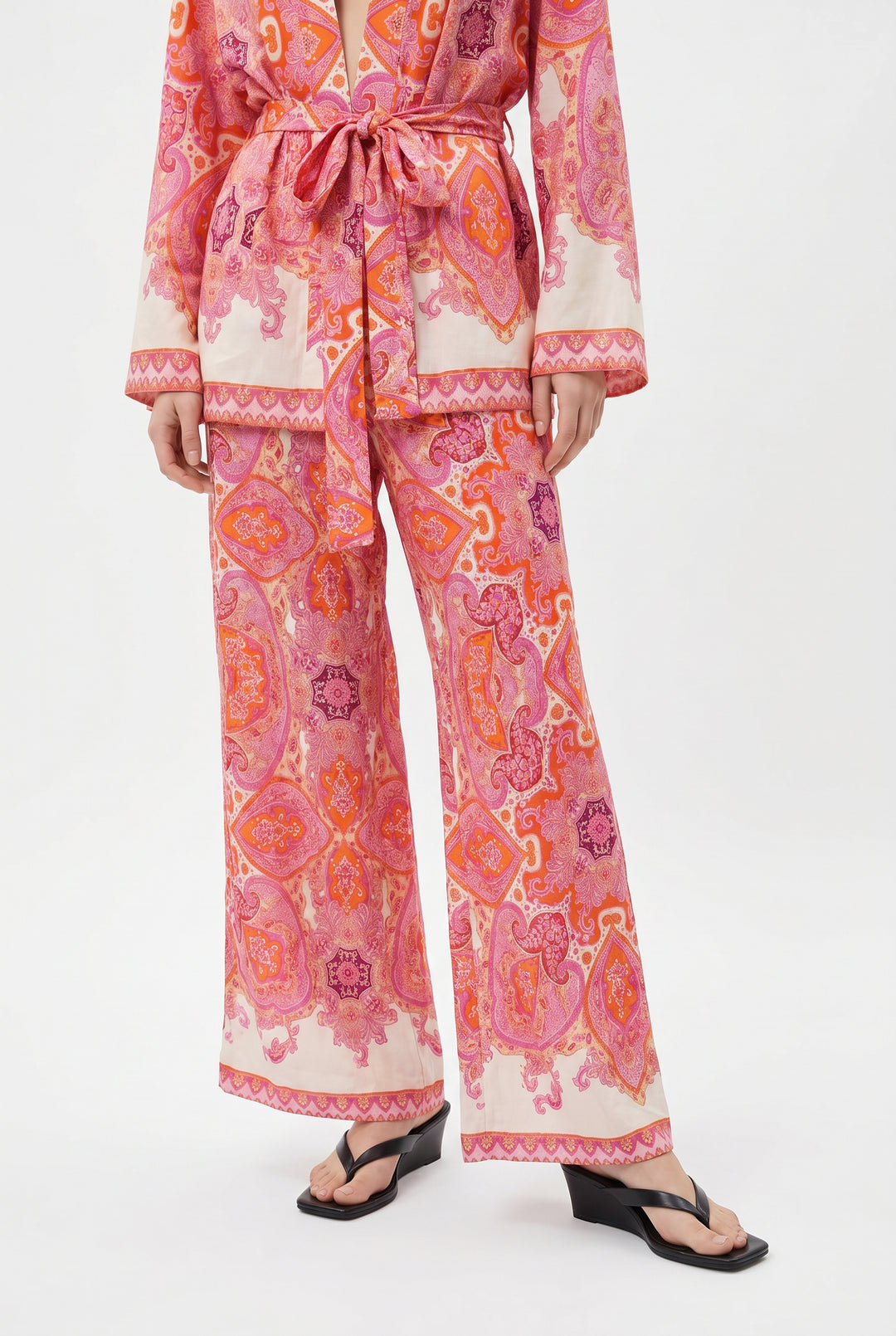 Beli Lastikli Şal Desenli Bol Paça Pantolon Pembe