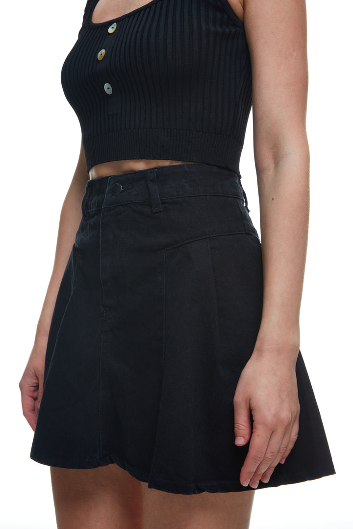 Pleated Mini Denim Skirt Black