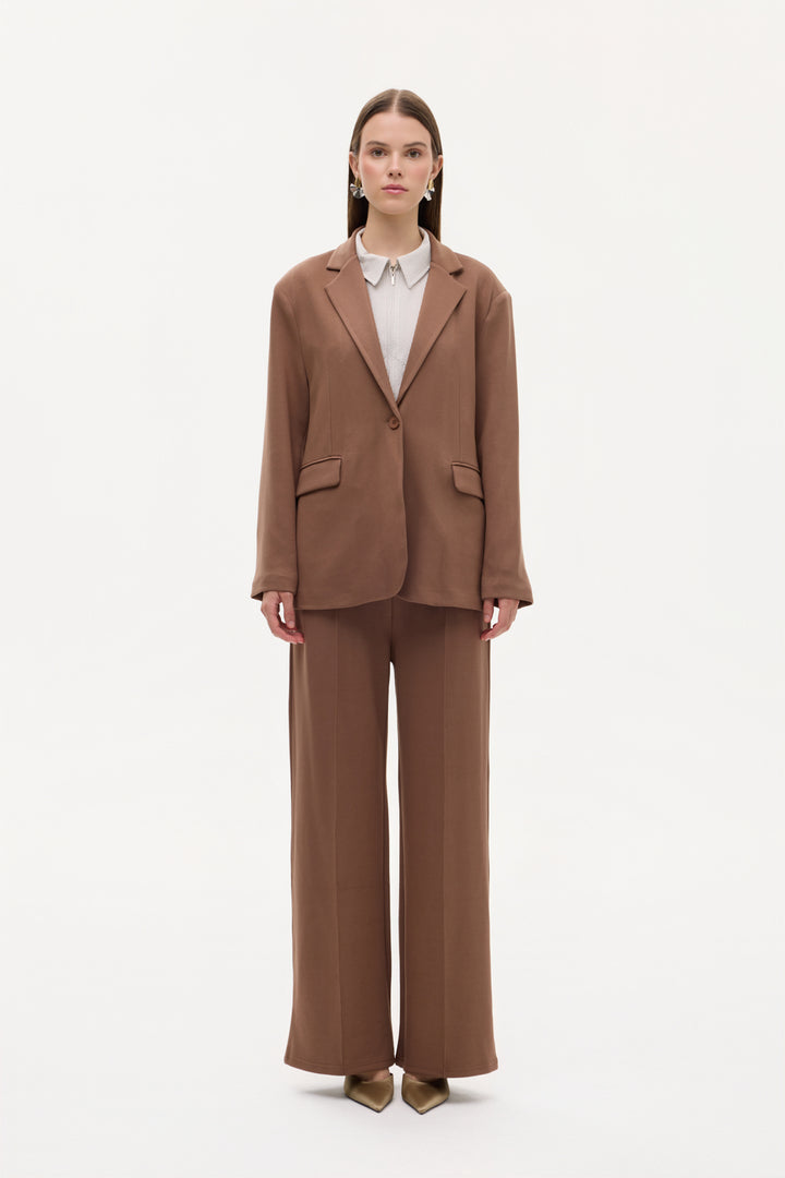 Tek Düğmeli Yumuşak Dokulu Oversize Blazer Ceket Kahverengi