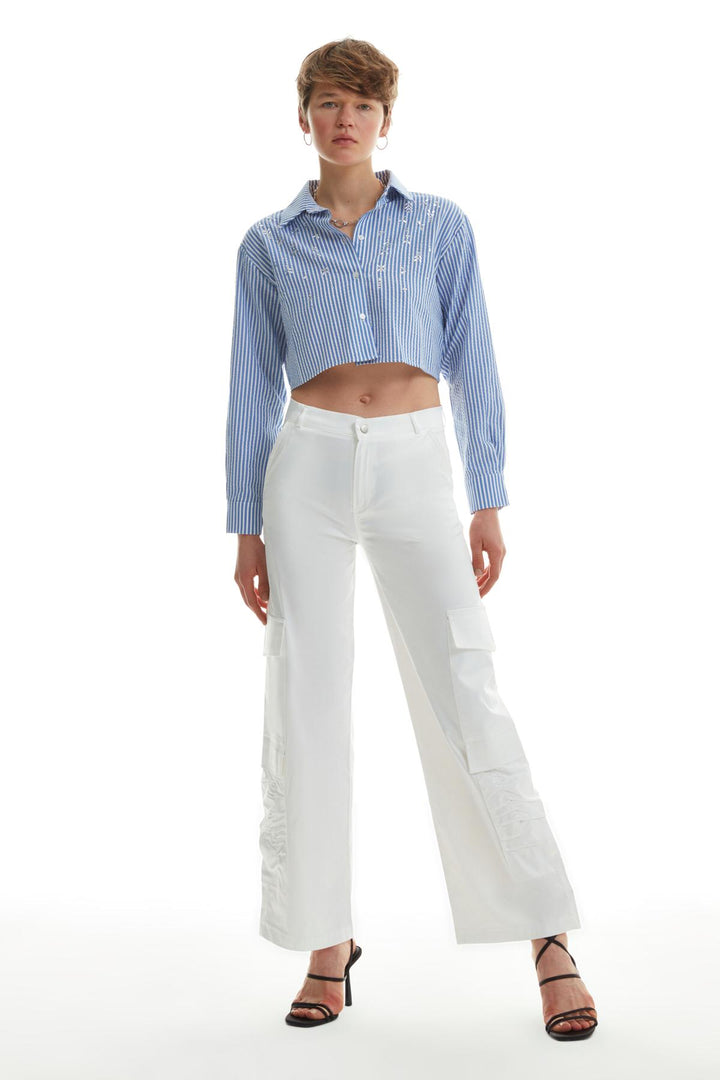 Büzgü Cepli Kargo Pantolon Ekru