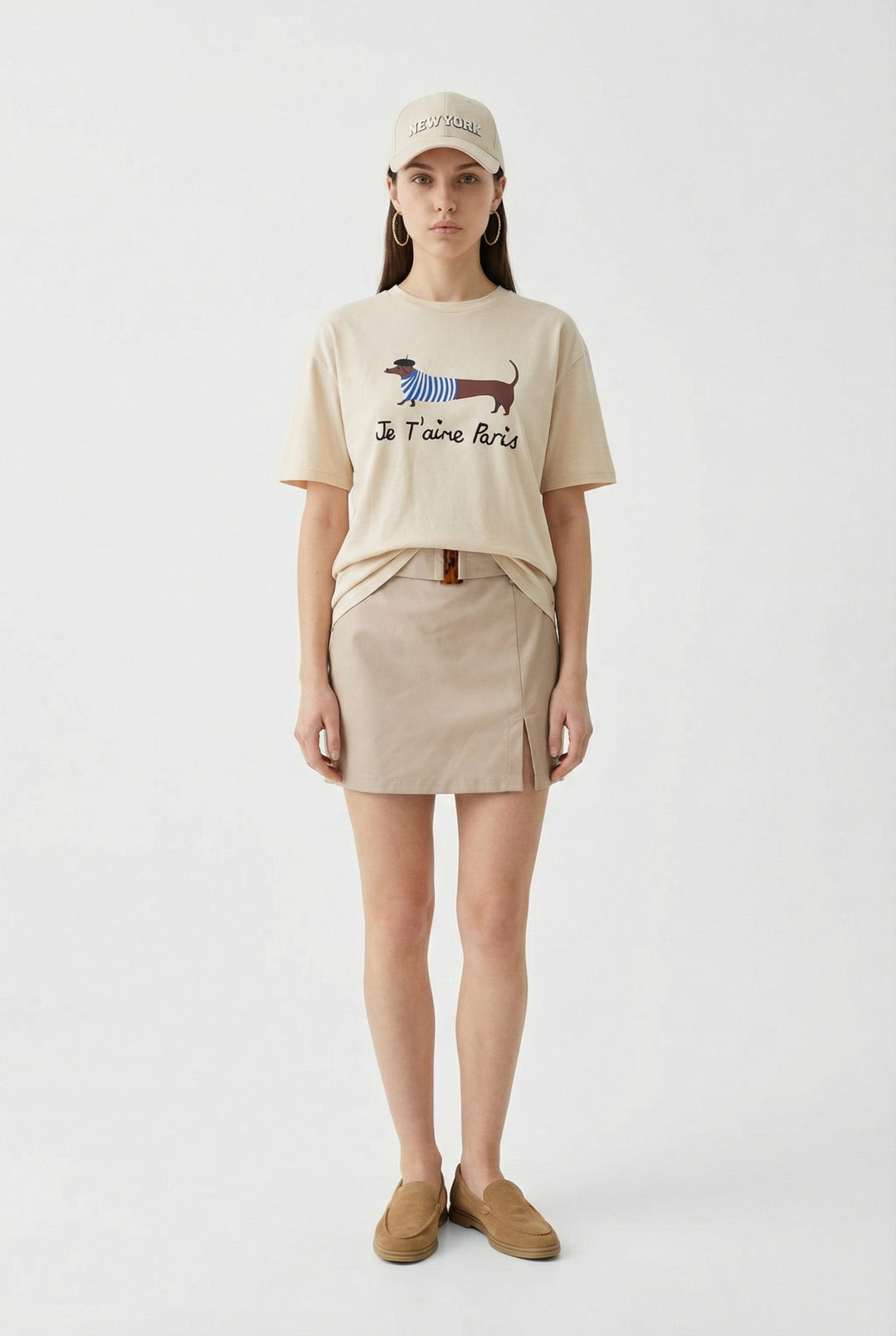 Yazı Nakışlı Köpek Baskılı Oversize Tişört Bej