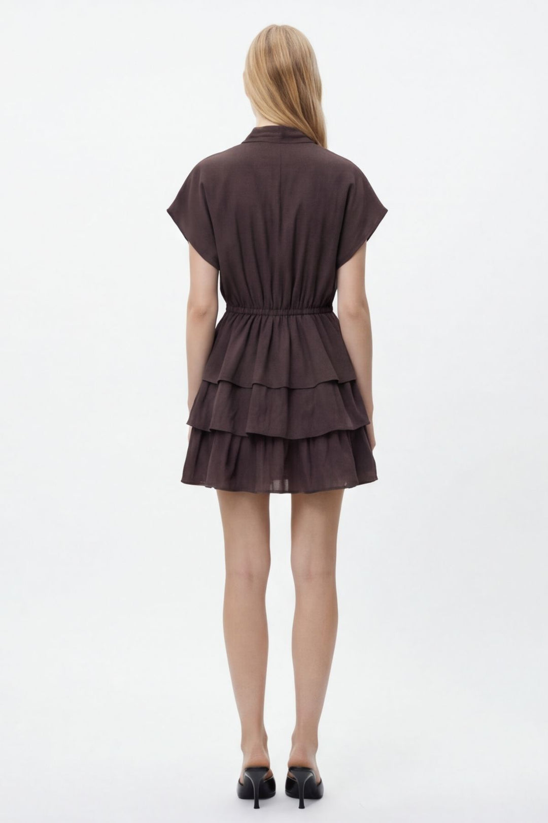 Fular Yaka Fırfırlı Mini Elbise Kahverengi