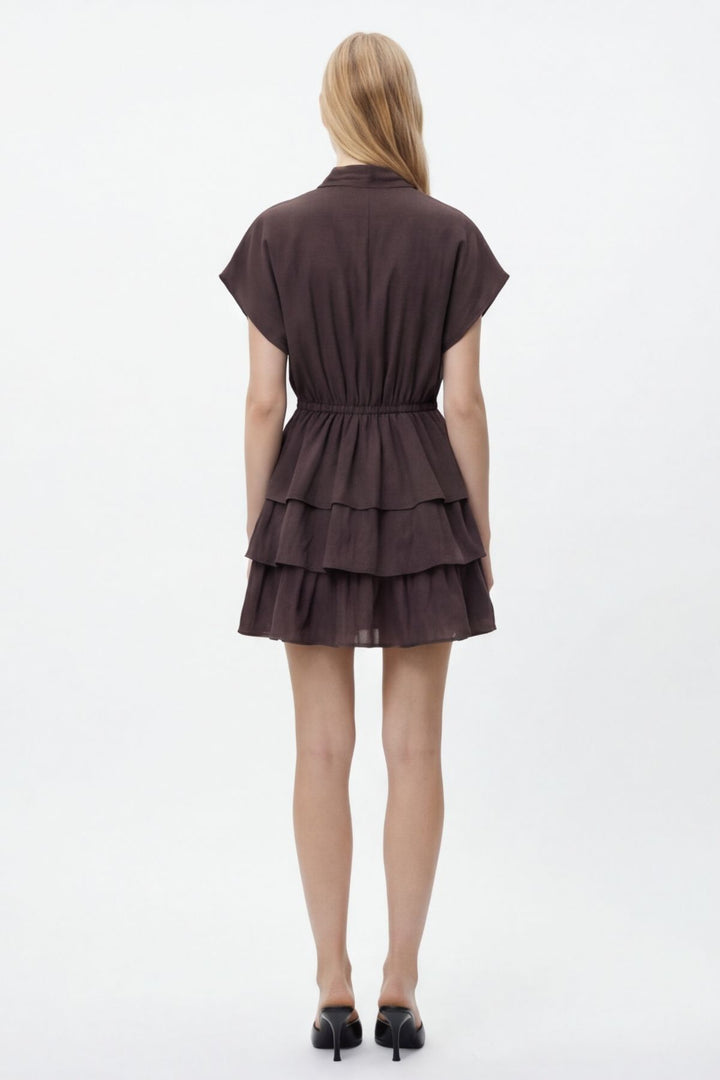 Fular Yaka Fırfırlı Mini Elbise Kahverengi