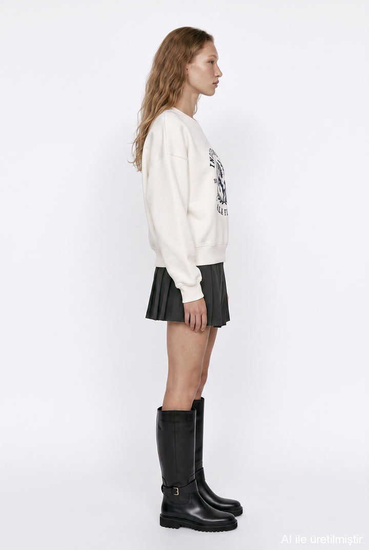 Yazı ve At Baskılı Sweatshirt Ekru