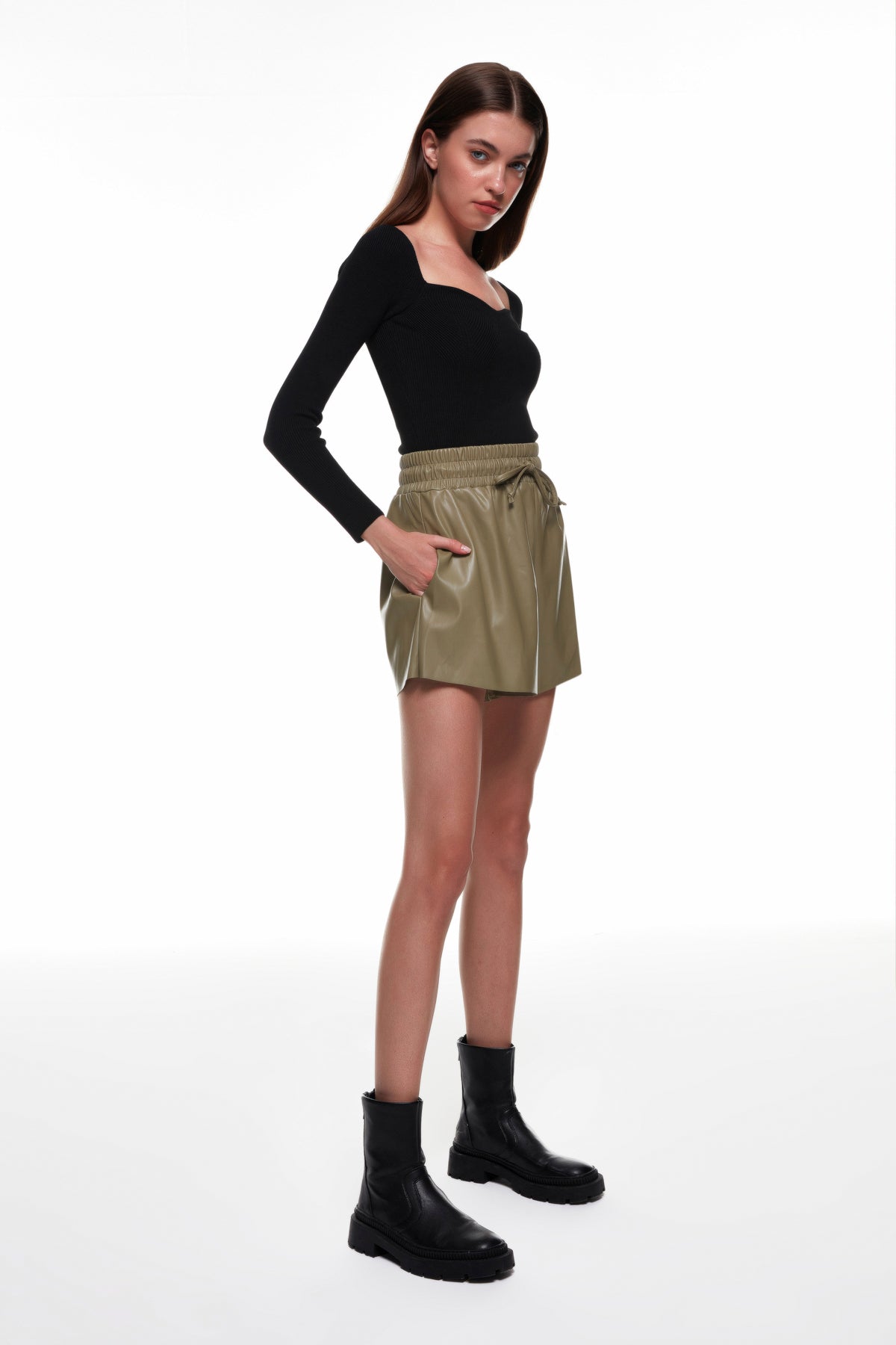 Elastic Waist Leather Mini Shorts Khaki