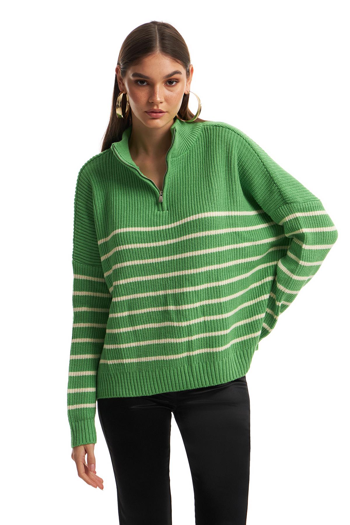 Zipper Striped Sweater Green