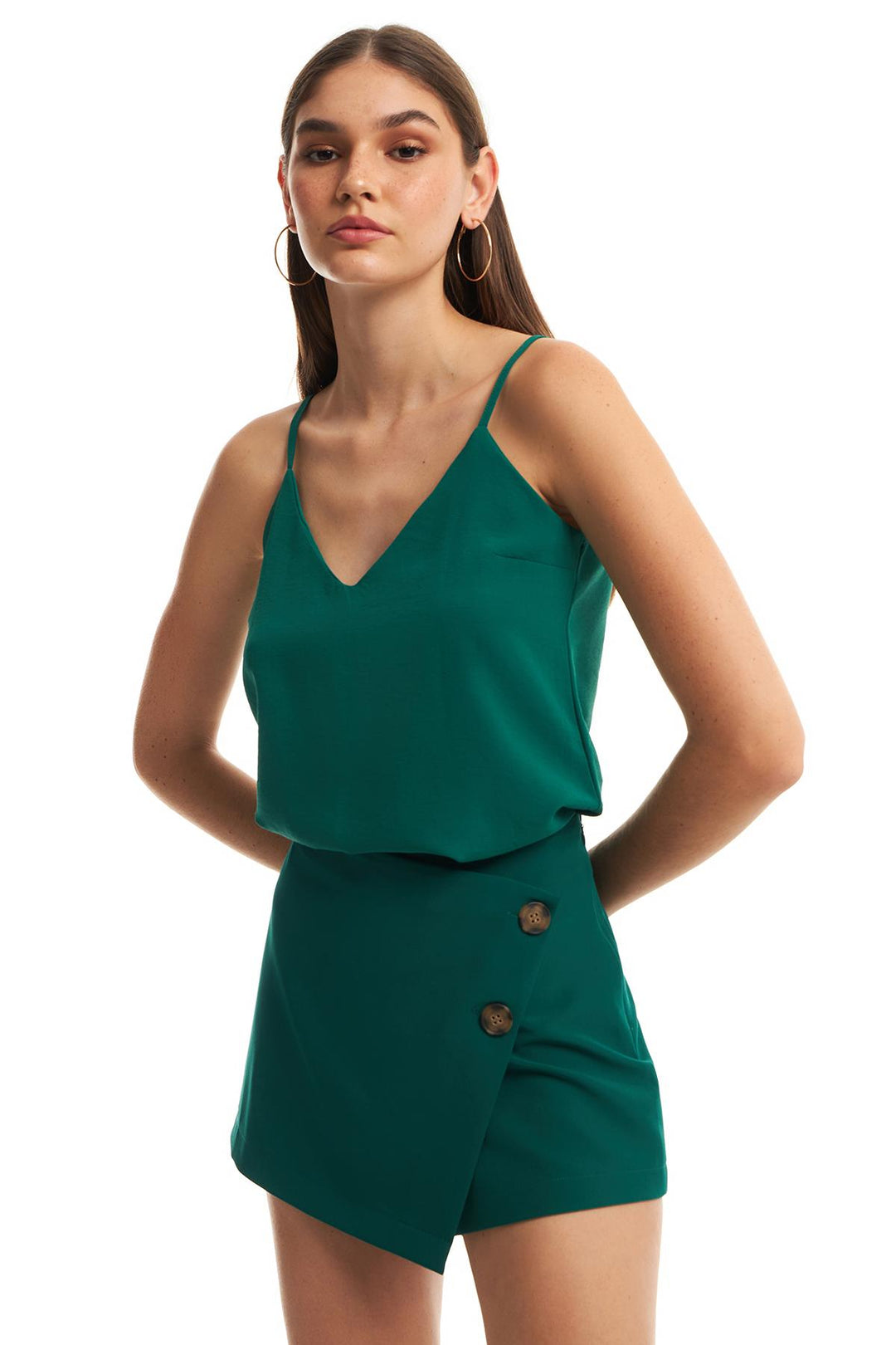 Button Detailed Asymmetrical Short Skirt Dark Green