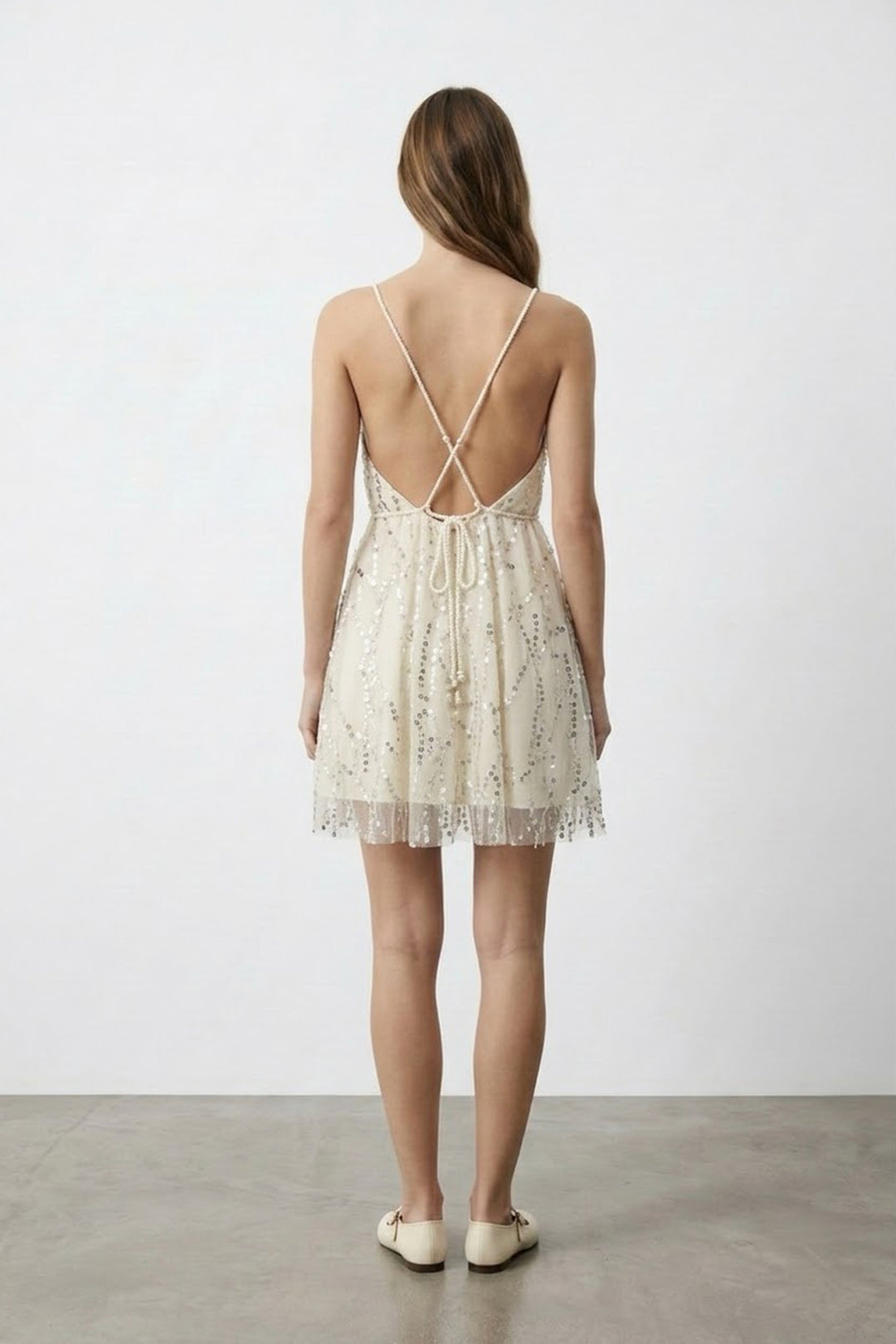Sırtı Açık Payetli Mini Elbise Ekru