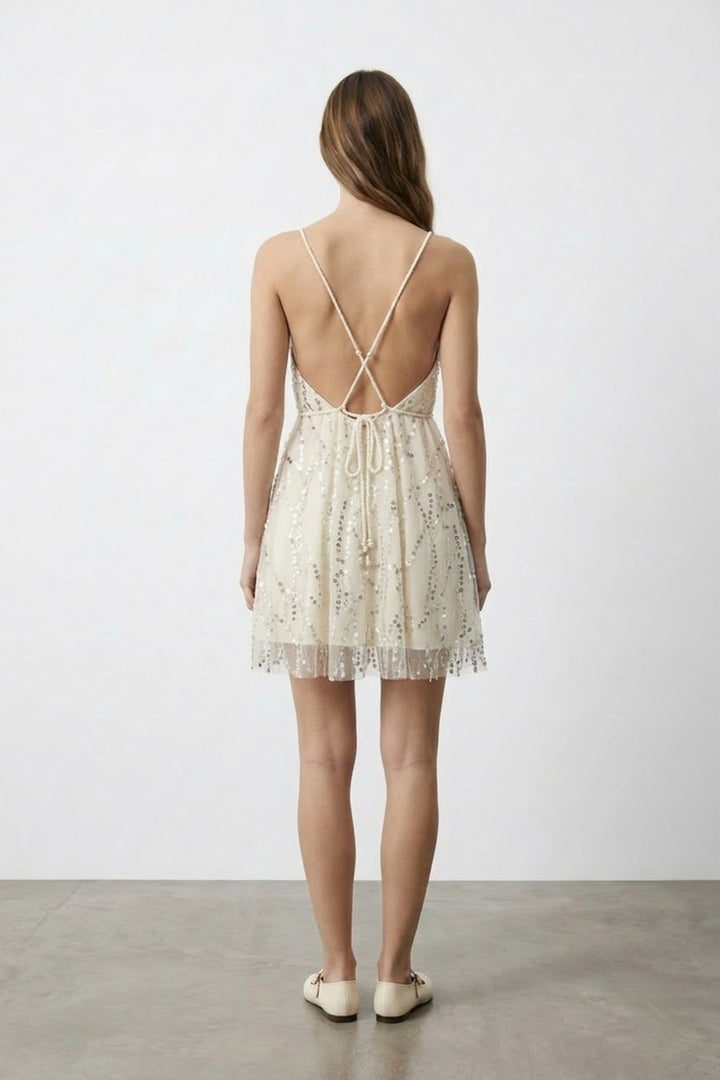Sırtı Açık Payetli Mini Elbise Ekru