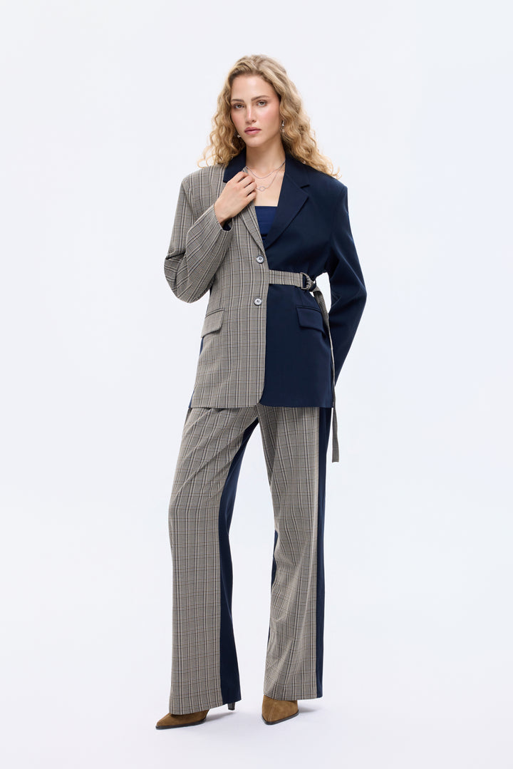 Ekose Garnili Kuşak Detaylı Oversize Blazer Ceket Lacivert