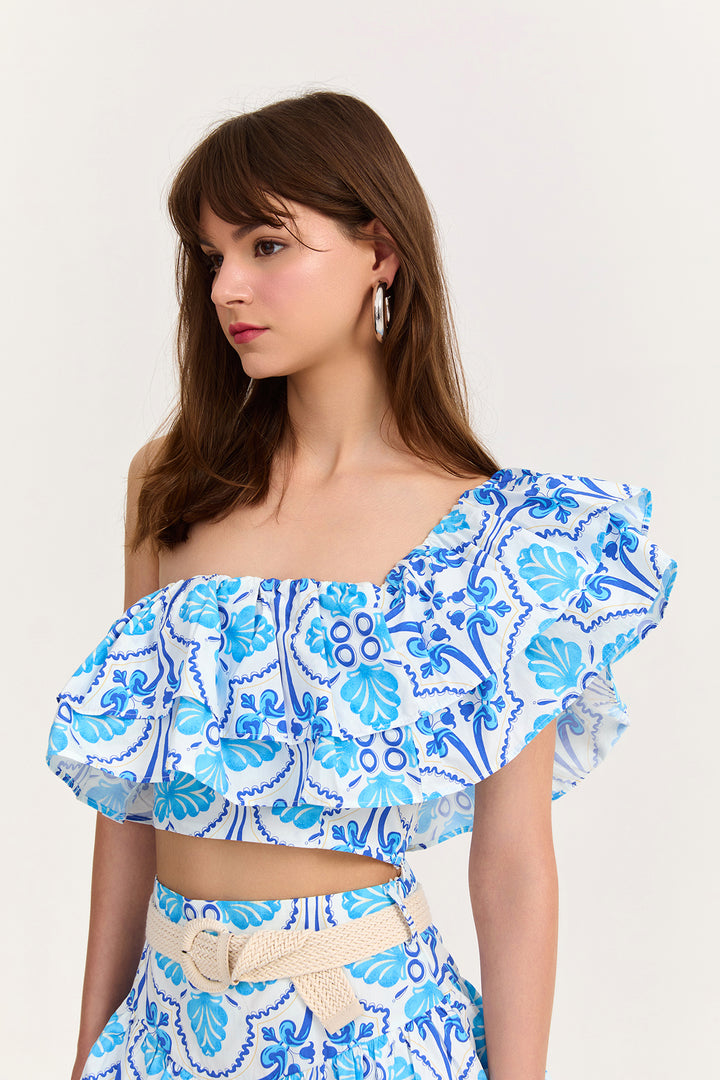 Tek Omuz Volan Detaylı Crop Bluz Mavi