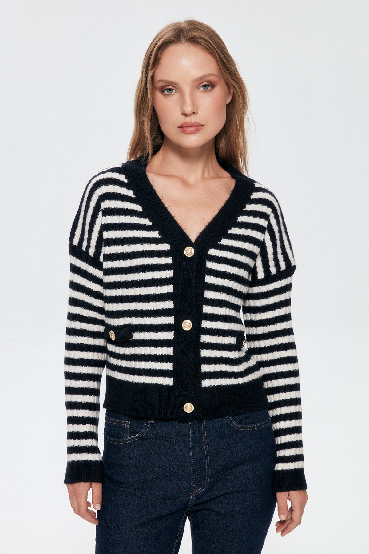 Button Detailed Striped Cardigan Navy Blue