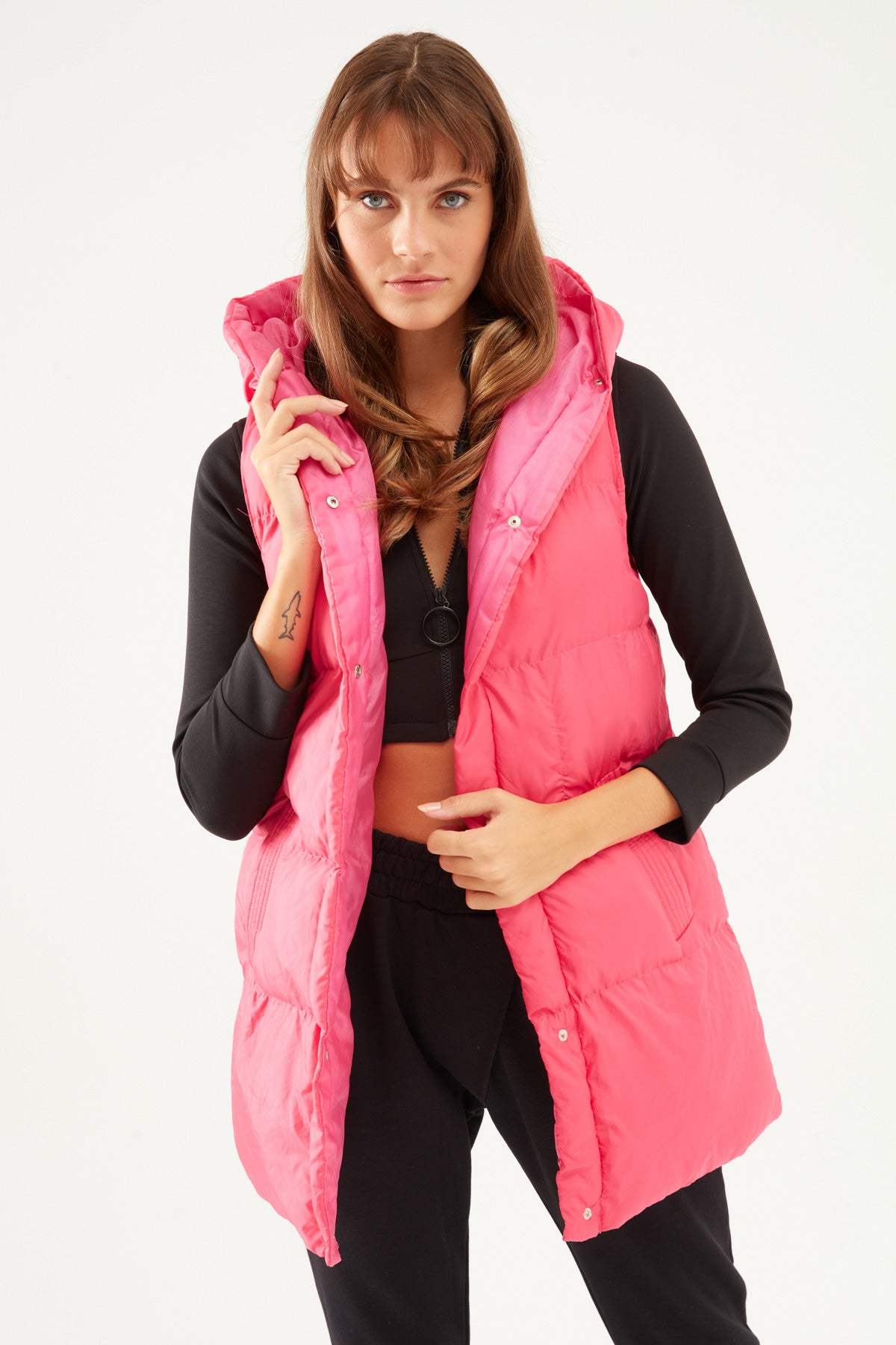 Hooded Belted Inflatable Vest Fuchsia