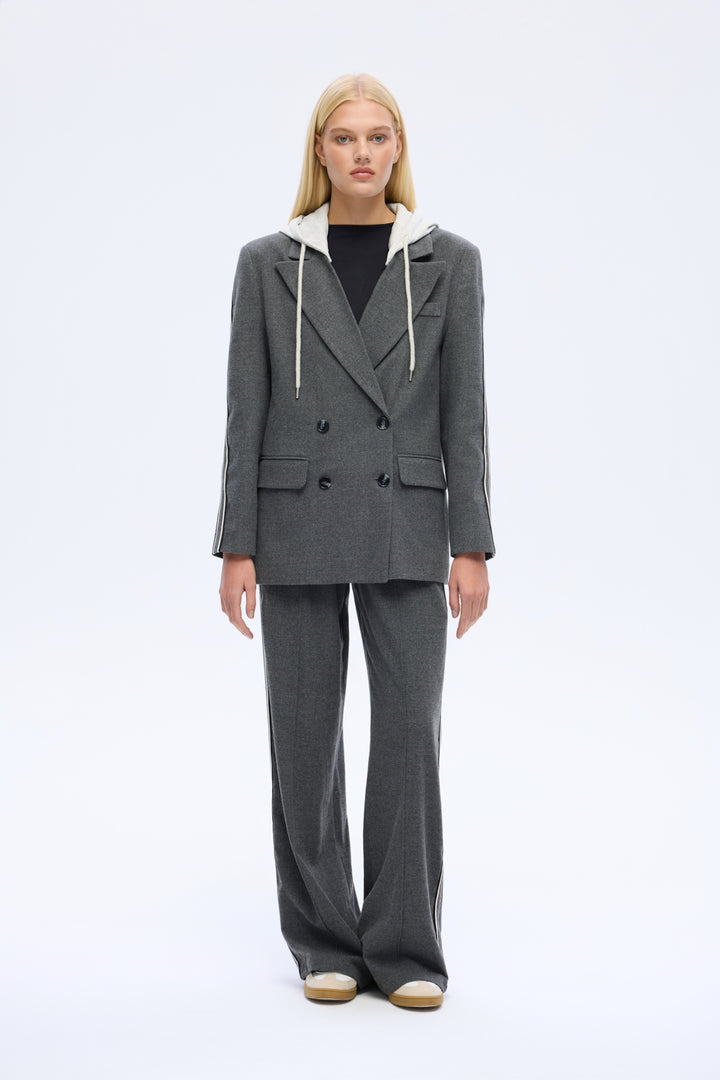 Kapüşonlu Şeritli Oversize Blazer Ceket Koyu Gri