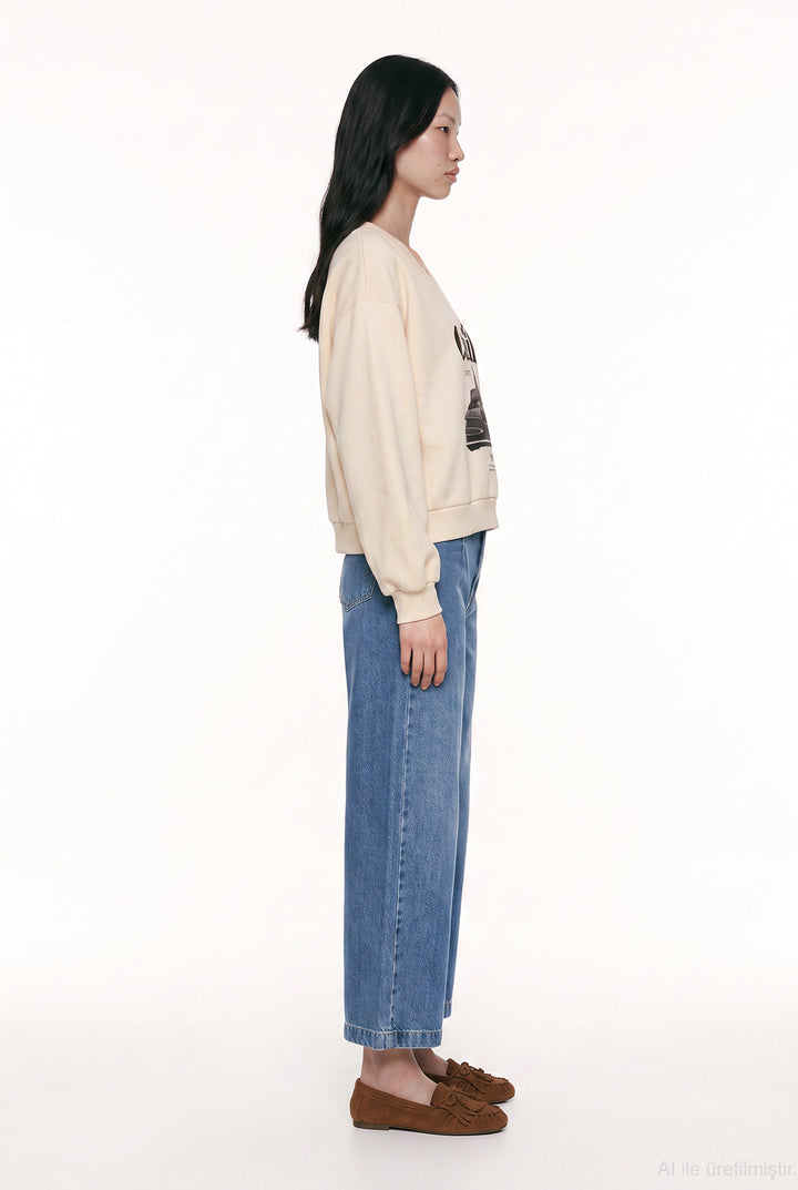 Chill Nakışlı V Yaka Oversize Sweatshirt Bej