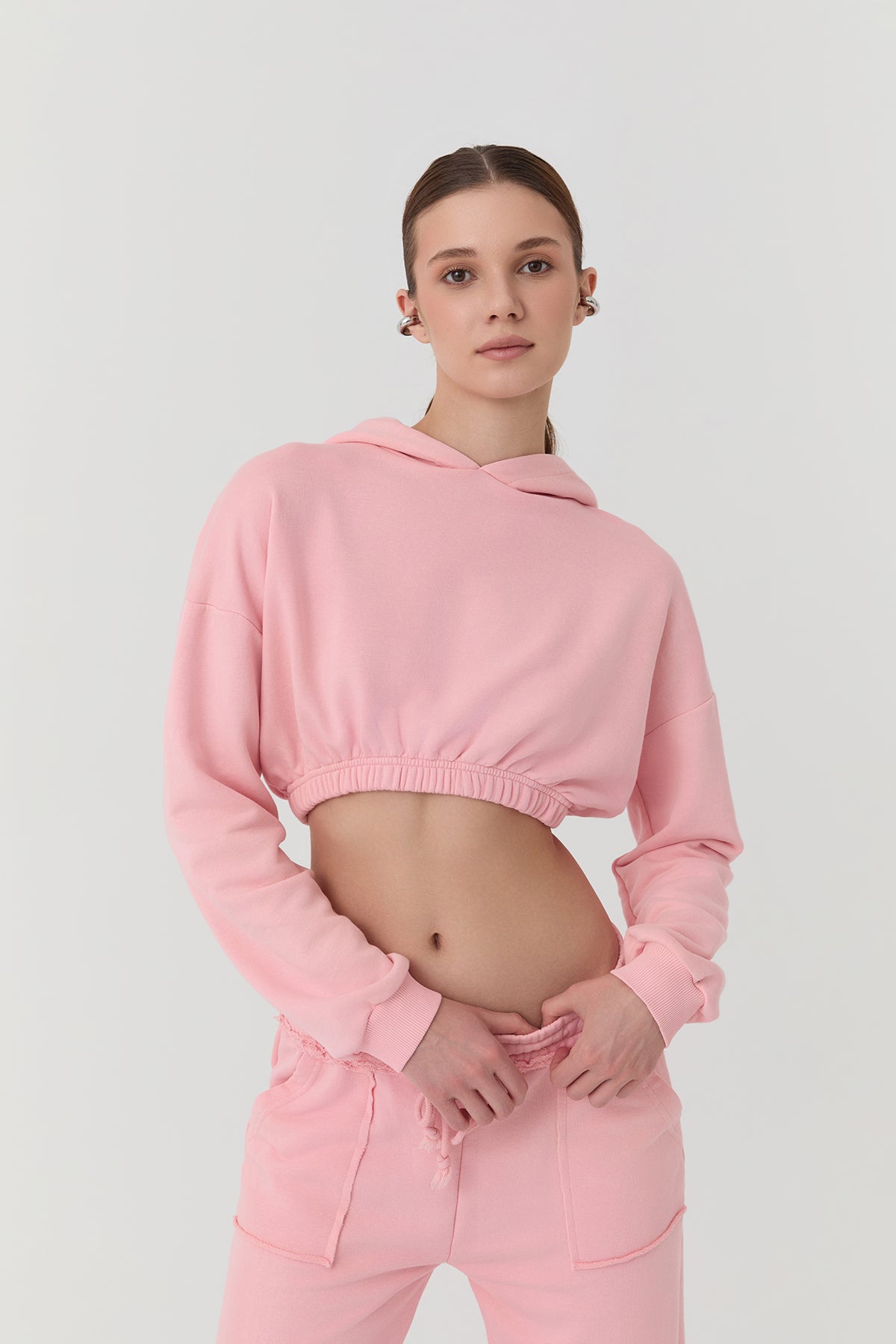 Kapüşonlu Crop Sweatshirt Pembe