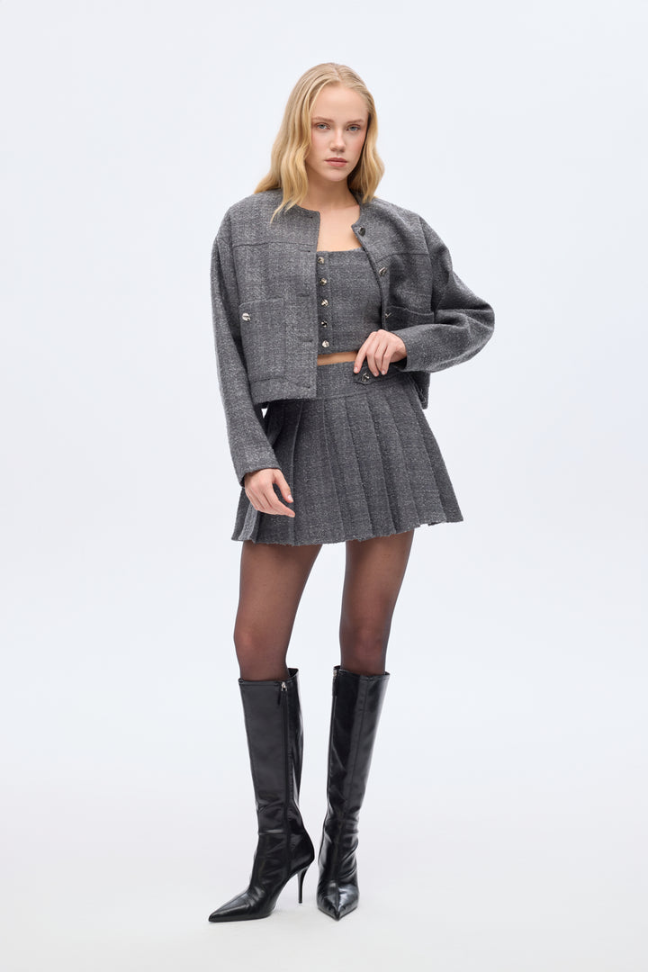 Düğme Detaylı Pileli Tüvit Mini Etek Antrasit