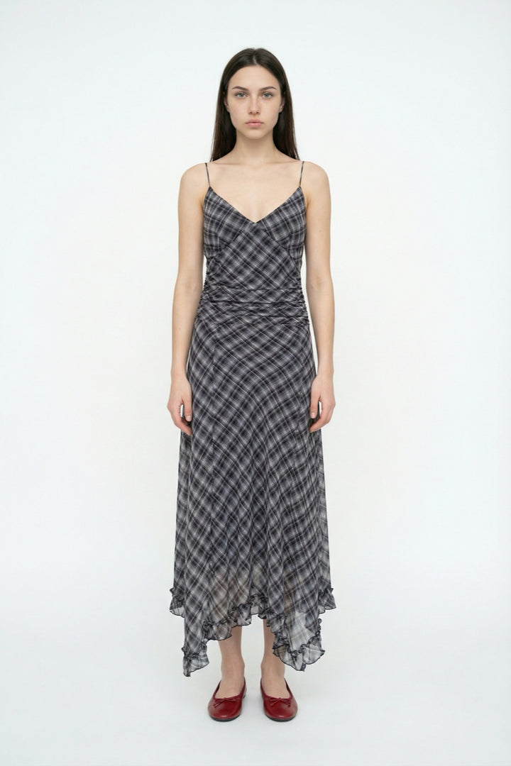 Asimetrik Drapeli Ekose Midi Elbise Siyah