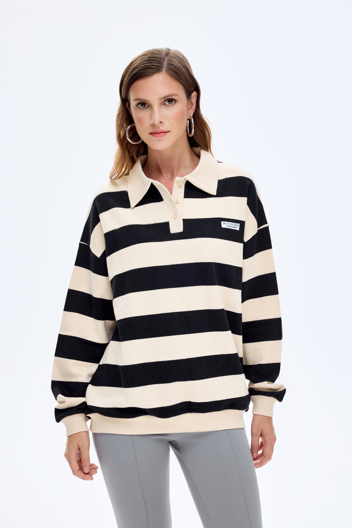 Polo Yaka Çizgili Oversize Sweatshirt Bej