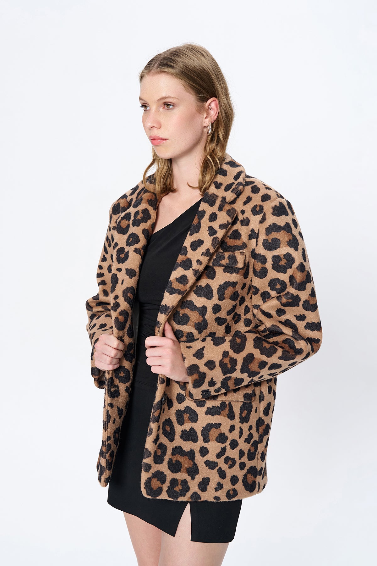 Leopar Desenli Oversize Kaşe Blazer Ceket Camel