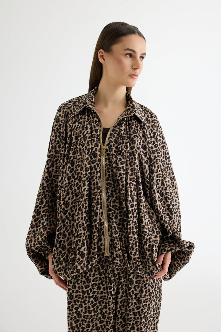 Leopar Desenli Saten Bomber Ceket Kahverengi