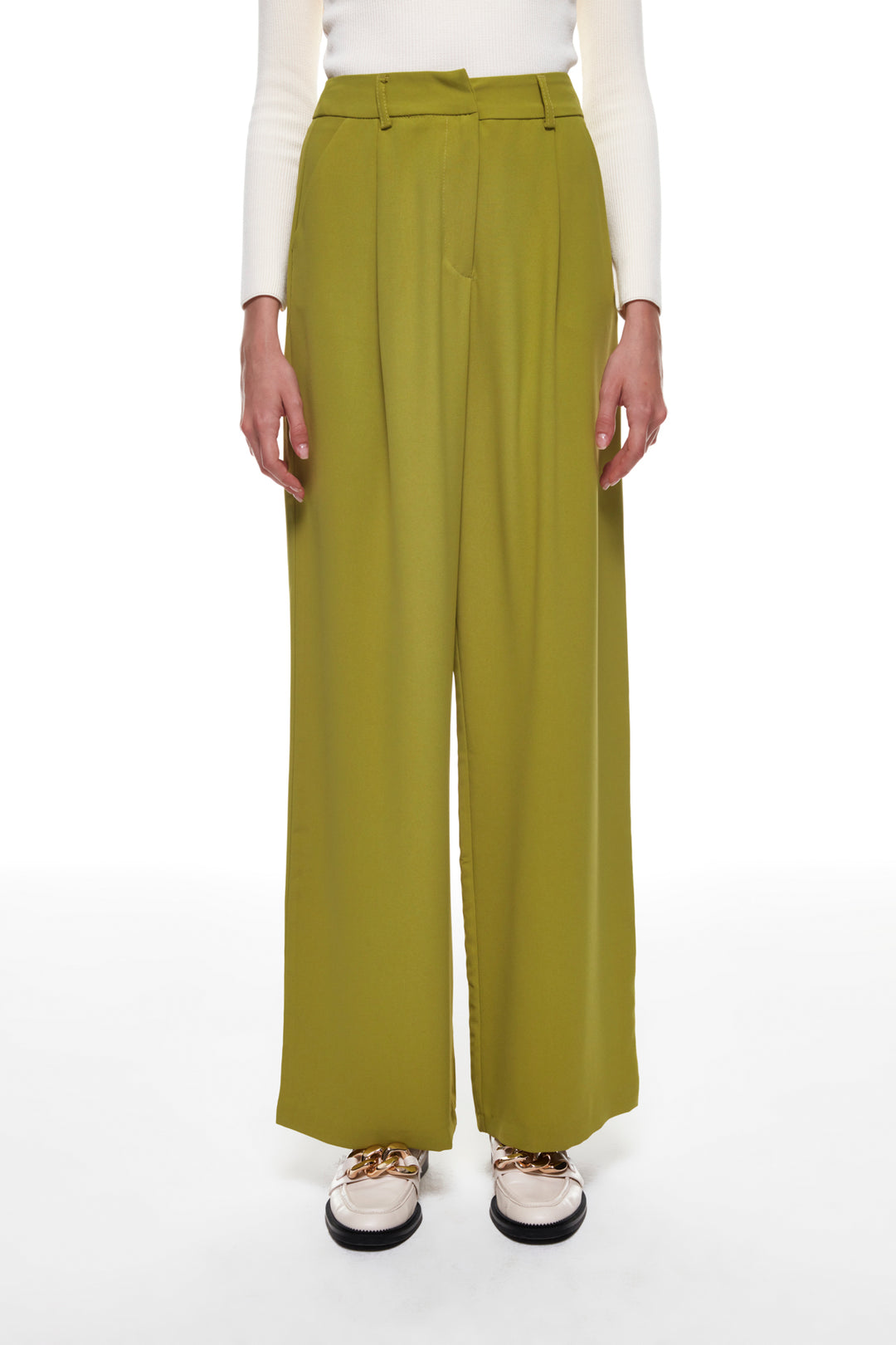 Yüksek Bel Bol Paça Cepli Kumaş Pantolon Olive