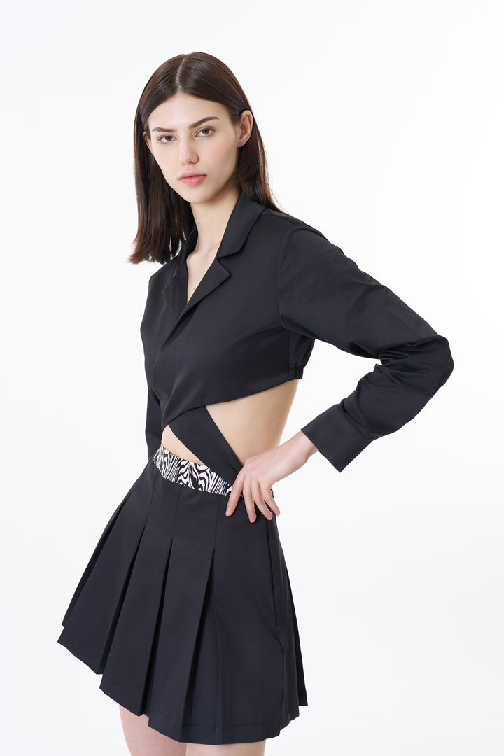 Cut Out Saten Pileli Mini Elbise Siyah
