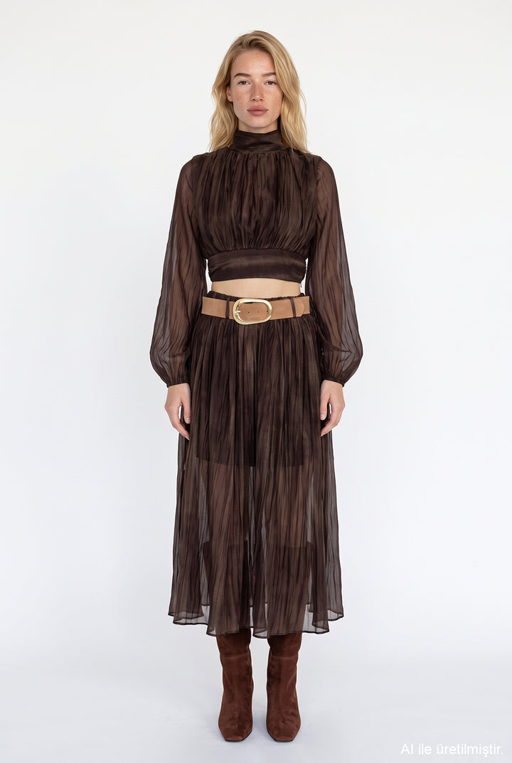 Dik Yaka Drapeli Crop Bluz Kahverengi
