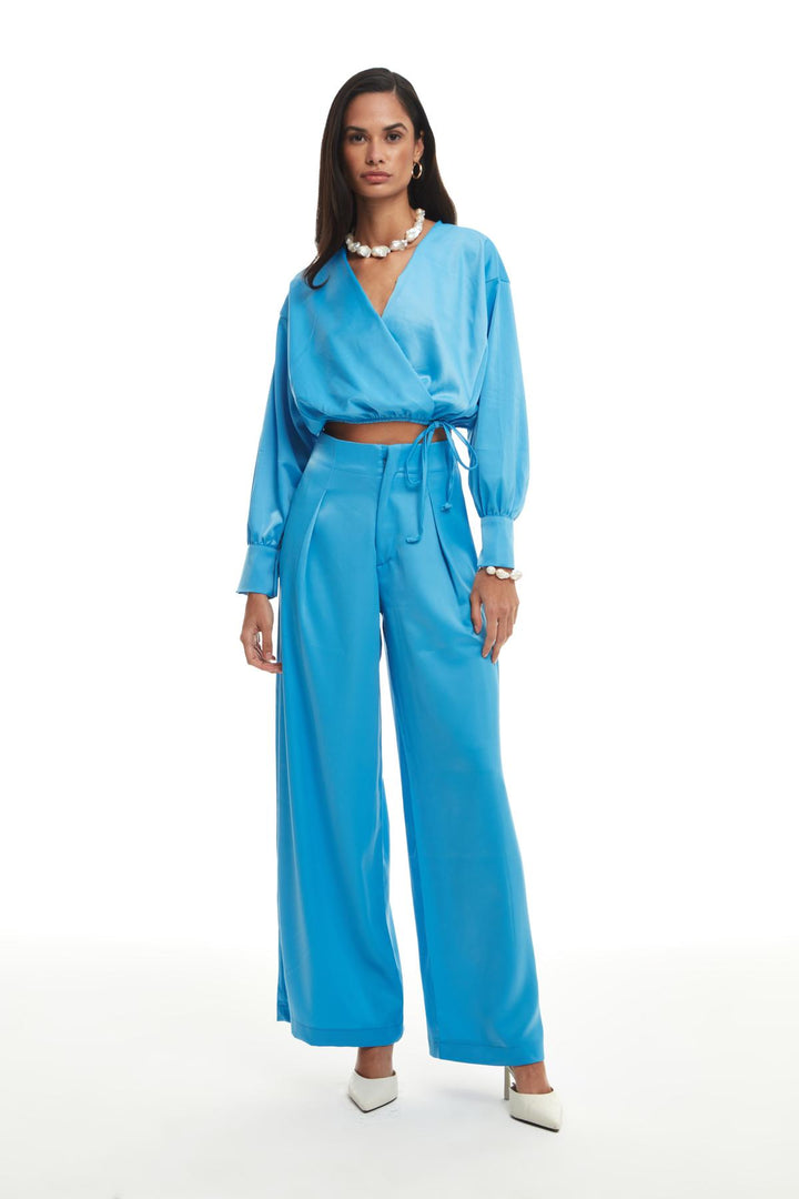 High Waist Satin Wide Leg Trousers Blue