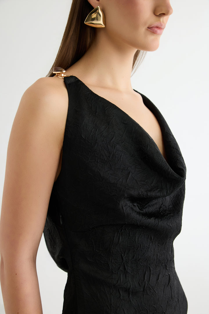 Sırt Bağlamalı Degaje Yaka Midi Elbise Siyah