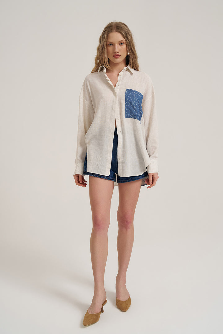 Sırtı Baskı Detaylı Oversize Keten Gömlek Naturel