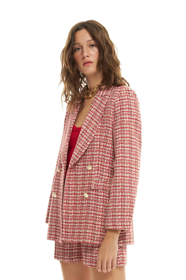 Kruvaze Yaka Düğme Detaylı Tüvit Blazer Ceket Kırmızı