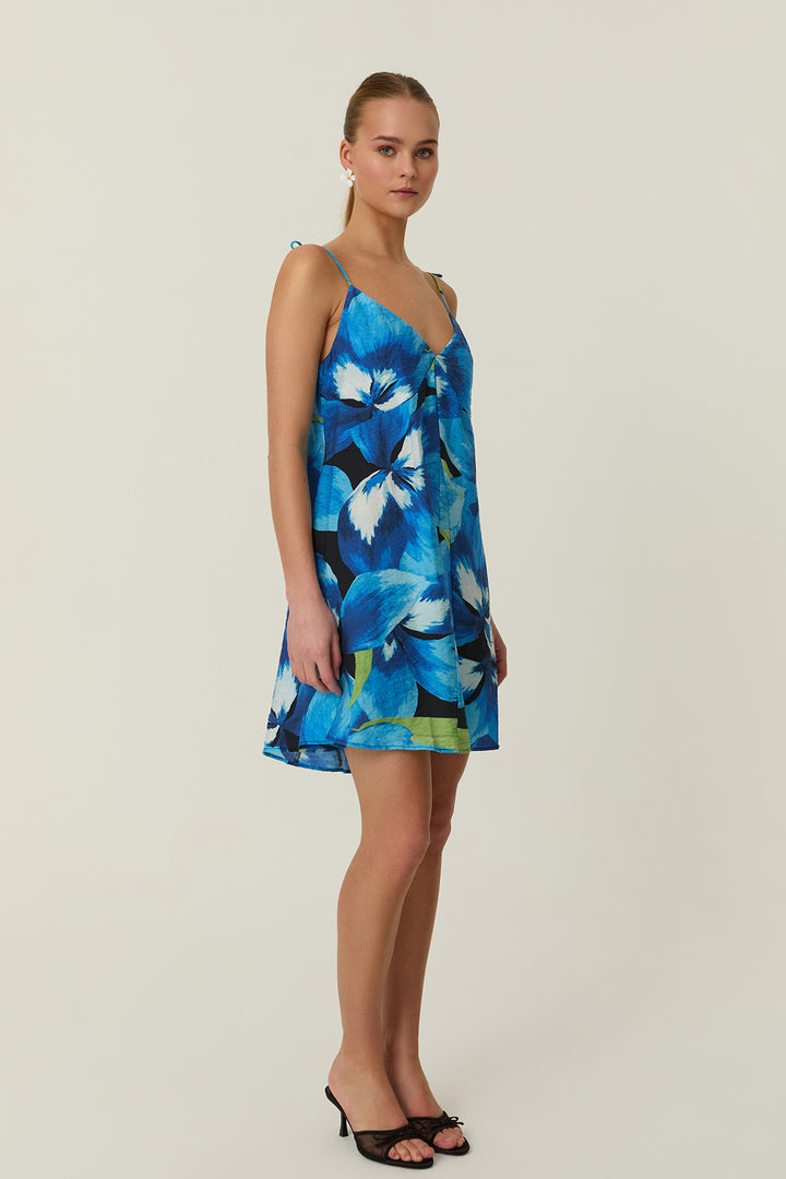 Sırtı Açık Askılı Desenli Mini Elbise Mavi